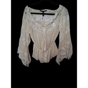 Robert Rodriguez Ivory 100% Silk Romantic Goth Ruffle Sheer Lace Blouse Size 10
